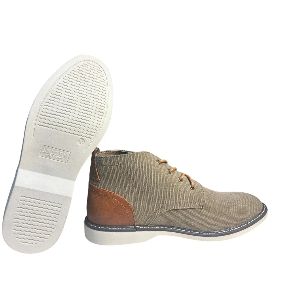 London Fog Canvas Chukka Ankle Desert Boots Shoes Tan Brown Leather Trim Men's 1